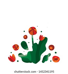 Simple red and orange flowers and green leaves on white background. Beautiful bouquet. Trendy flat style illustration for banner, cover, flyer, greeting card, invitation and etc. Vector.