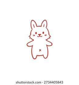 A simple red outline of a cute cartoon rabbit stands on a plain white background.