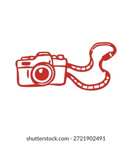 Eine einfache rote Umrisszeichnung zeigt eine klassische Kamera mit einem Gurt, einzeln auf weißem Hintergrund, die die Fotografie darstellt.