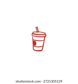 Um desenho de contorno vermelho simples de um copo descartável com uma palha e tampa.