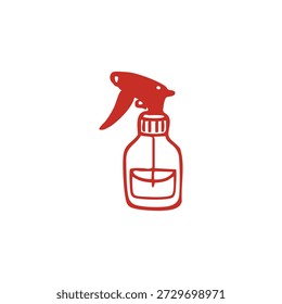 Ein einfaches rotes Umrisssymbol zeigt eine Sprühflasche auf weißem Hintergrund, die eine Reinigung oder Flüssigkeitsabgabe darstellt.