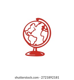 A simple red outline icon of a globe showing continents on a stand against a white background.