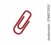 A simple red outline icon of a standard metal paperclip isolated on a plain white background representing organization and document attachment