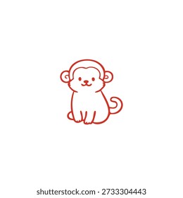 A simple red outline illustration of a cute cartoon monkey sitting on a white background.