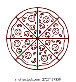 Simple red outline of a pepperoni and mushroom pizza for menu design