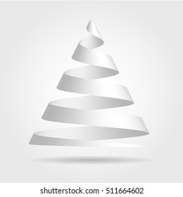 Simple red paper ribbon folded in a shape of Christmas tree. Merry Christmas theme. 3D vector illustration with dropped shadow and white gradient background.