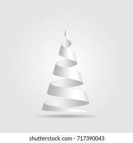 Simple red paper ribbon folded in a shape of Christmas tree. Merry Christmas theme. 3D vector illustration on white gradient background.