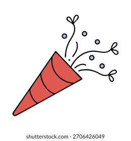 A simple red party popper icon with exploding festive confetti