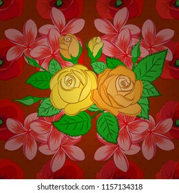 Simple red, pink and orange vector roses with green leaves seamless pattern.