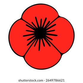 Simple red poppy flower icon with black center details. Clipart image isolated on background.