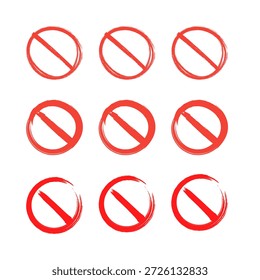 Um conjunto de ícones de símbolos simples de proibição vermelha e sem entrada, ideal para sinais de aviso, restrições, avisos de segurança e design de interface do usuário em fundo branco. 