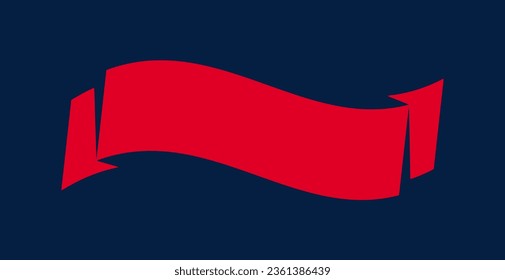 Simple red ribbon on blue background. Title banner template. Wavy strip decoration. Curved ribbon with place for text. Horizontal vintage banner with copy space. Design element. Vector illustration. 
