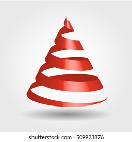 Simple red ribbon in a shape of Christmas tree. Merry Christmas theme. 3D vector illustration with dropped shadow and gradient background.