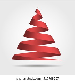 Simple red ribbon in shape Christmas tree  Merry Christmas theme  3D vector illustration and dropped shadow   gradient background 