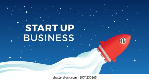 Simple red rocket fly to the galaxy illustration. start up business illustration