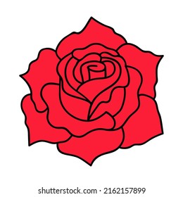 Caricatura simple de la rosa roja. Flor de rosa roja vectorial aislada en fondo blanco.