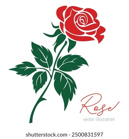 Silueta roja simple de la rosa con las hojas verdes. ilustración del icono