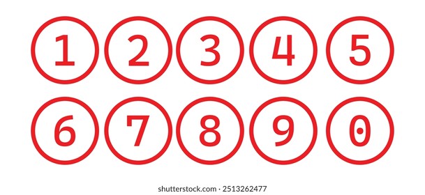 Simple red round numbers icon set in line style. Set of 1-0 numbers simple style symbol sign for apps and website.