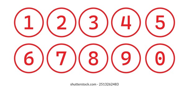 Simple red round numbers icon set in line style. Set of 1-0 numbers simple style symbol sign for apps and website.