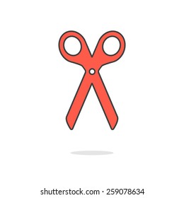simple red scissors icon with shadow. concept of dressmaking, household tools, chancellery, stationery, barber shop. isolated on white background. flat style modern logo design vector illustration