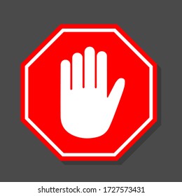 Simple red stop road sign with big hand symbol. icon vector illustration