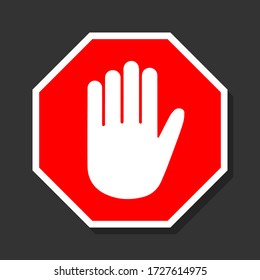 Simple red stop road sign with big hand symbol. icon vector illustration