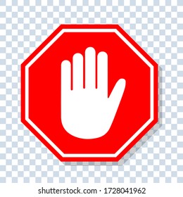 Simple red stop road sign with big hand symbol. icon vector illustration