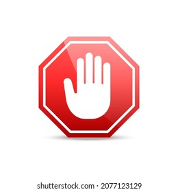 Simple red stop road sign with big hand symbol or icon vector illustration
