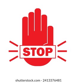 Simple red stop road sign with big hand symbol or icon vector illustration