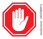 Simple red stop roadsign with big hand symbol or icon vector illustration