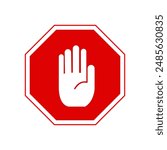 Simple red stop roadsign with big hand symbol or icon vector illustration