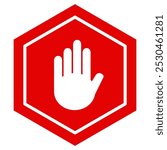Simple red stop roadsign with big hand symbol or icon vector illustration.