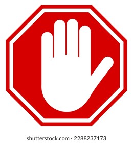 Simple red stop roadsign with big hand symbol or icon vector illustration. Eps 10. Vector illustration.