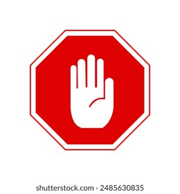 Simple red stop roadsign with big hand symbol or icon vector illustration