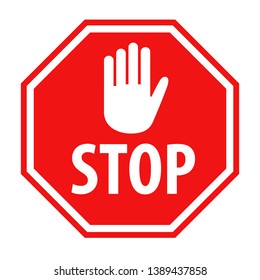 Simple red stop roadsign with white hand symbol or icon vector illustration