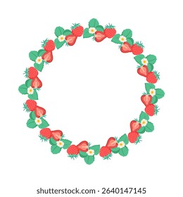 Simple red strawberry wreath. Round seasonal berry border. Garden decoration. Round strawberry frame. Floral wreath. Summer background For poster, banner, cover, invitation. Vector flat illustration.