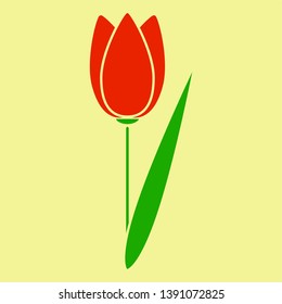 Simple red tulip with leave isolated on yellow background vector illustration