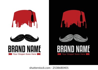 simple red Turkish hat and moustache with turkish landscape illustration logo design