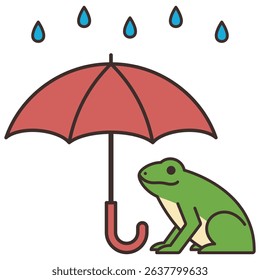 Simple Red Umbrella and Frog Rainy Season Set Vector Illustration