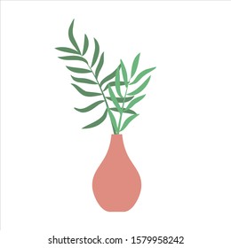 Simple red vase with leaves of palm isolated on white background. Elements for home decorations. Stock vector illustration in flat style.