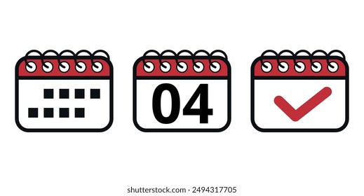 Simple red vector calendar icons with specific day marked, day 04. Calendar illustration for websites and graphic resources.