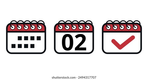 Simple red vector calendar icons with specific day marked, day 02. Calendar illustration for websites and graphic resources.