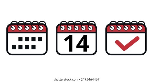 Simple red vector calendar icons with specific day marked, day 14. Calendar illustration for websites and graphic resources.