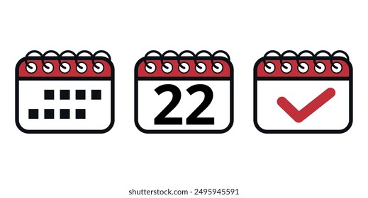 Simple red vector calendar icons with specific day marked, day 22. Calendar illustration for websites and graphic resources.