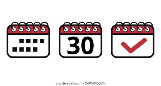 Simple red vector calendar icons with specific day marked, day 30. Calendar illustration for websites and graphic resources.