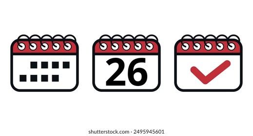 Simple red vector calendar icons with specific day marked, day 26. Calendar illustration for websites and graphic resources.