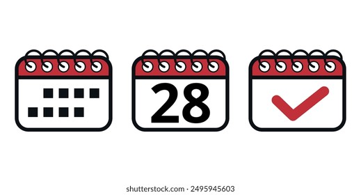 Iconos rojos simples del calendario del Vector con el día específico marcado, día 28. Ilustración del calendario para Sitios web y recursos gráficos.