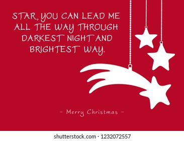 Simple Red Vector Christmas Greeting Card with Shooting Star and Poem (Rhyme). Star, You Can Lead Me All The Way Through Darkest Night and Brightest Way - Merry Christmas. Falling Star Silhouette!