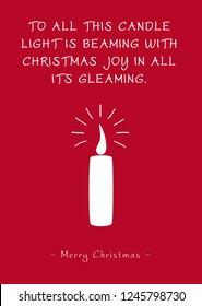 Simple Red Vector Christmas Greeting Card with Single Candle and Poem (Rhyme). To All This Candle Light Is Beaming with Christmas Joy in all its Gleaming - Merry Christmas. Basic Silhouette / Shape