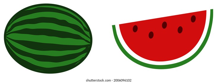Simple red watermelon icon - whole and slice version